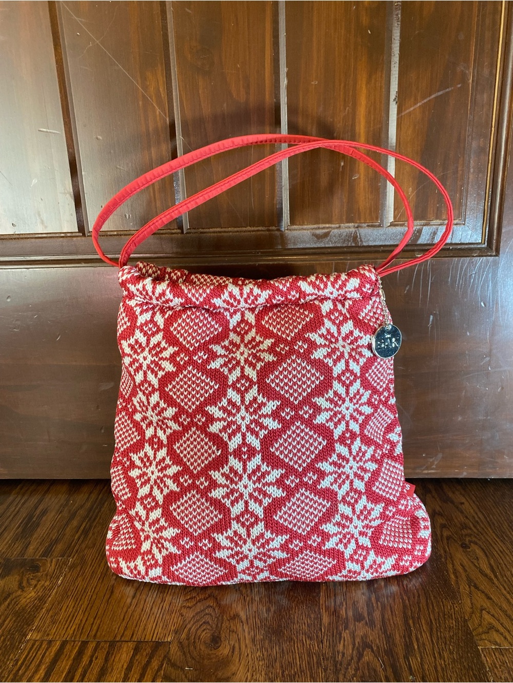 SAK Red / White Sweater Tote Handbag Purse Winter / Holiday / Christmas
